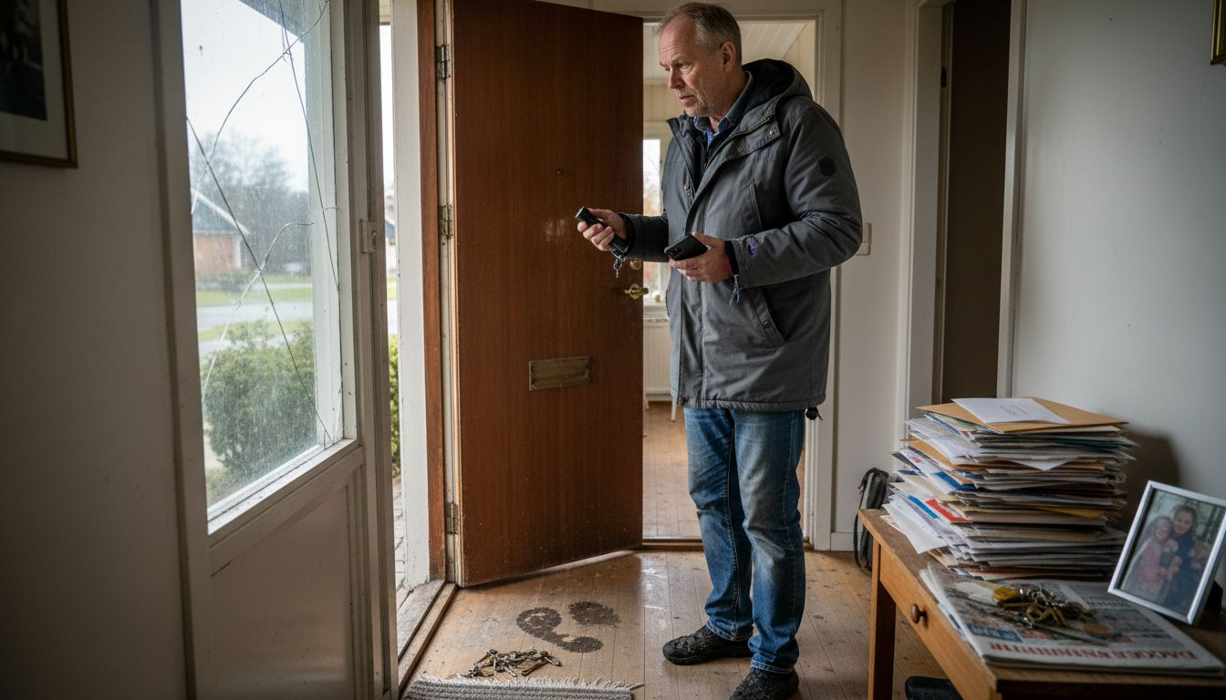 Fastighetsägaren undersöker det trasiga dörrlåset