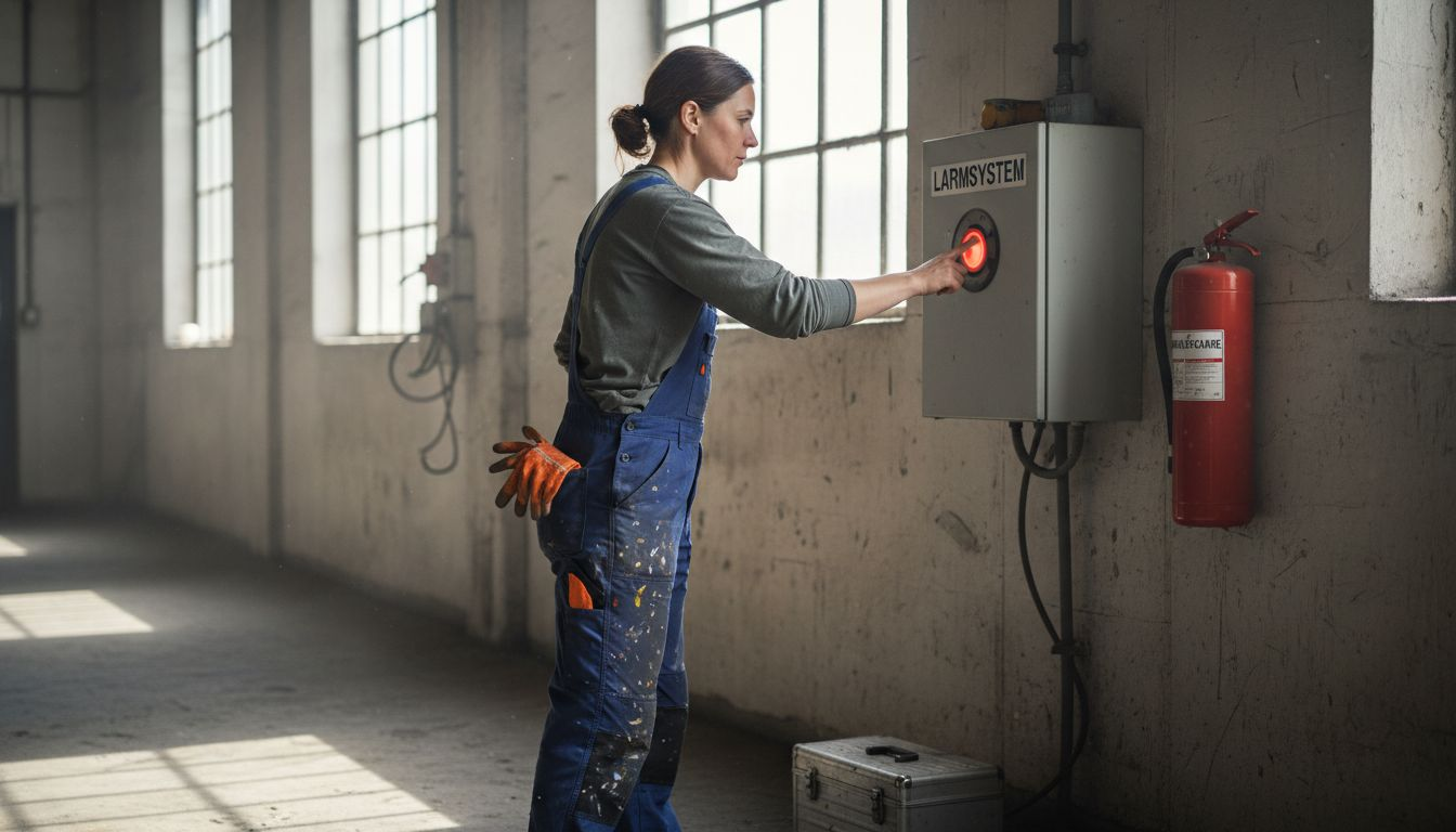 En kvinna provar larmet i en industrilokal.