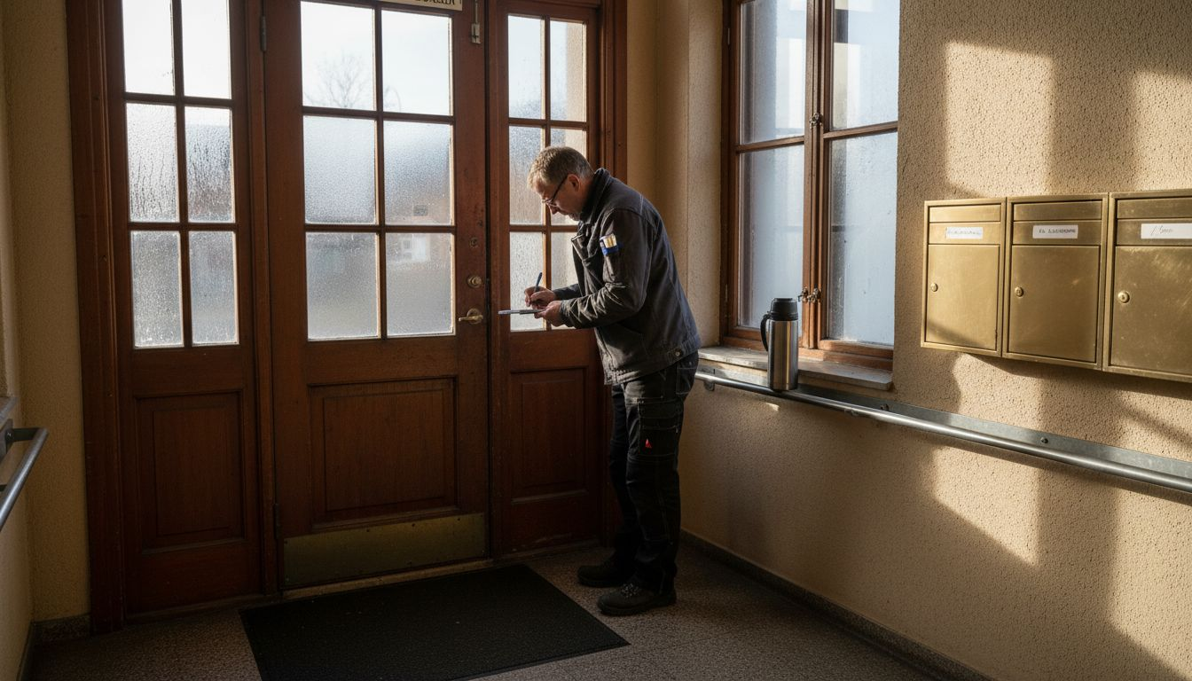 Säkerhetskontroll genomförs vid entrén till fastigheten.