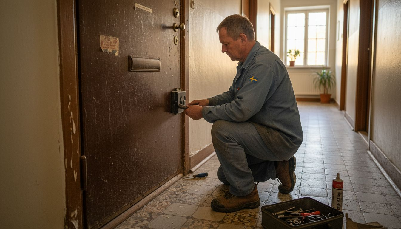 En låssmed installerar ett säkert lås på dörren för att förbättra tryggheten i hemmet.