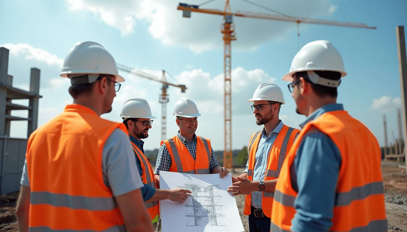 Project managers reviewing plans at construction site
