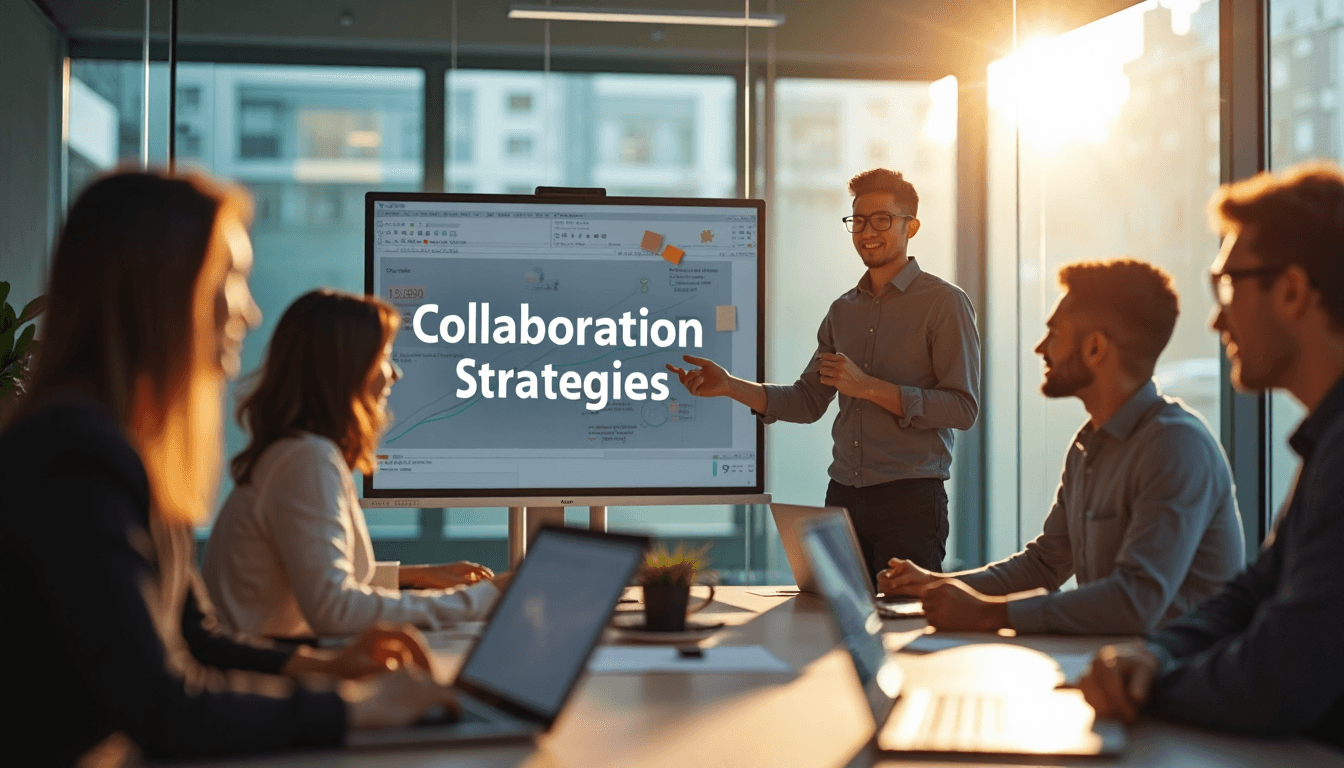 Group brainstorming with digital smartboard and teamwork visuals