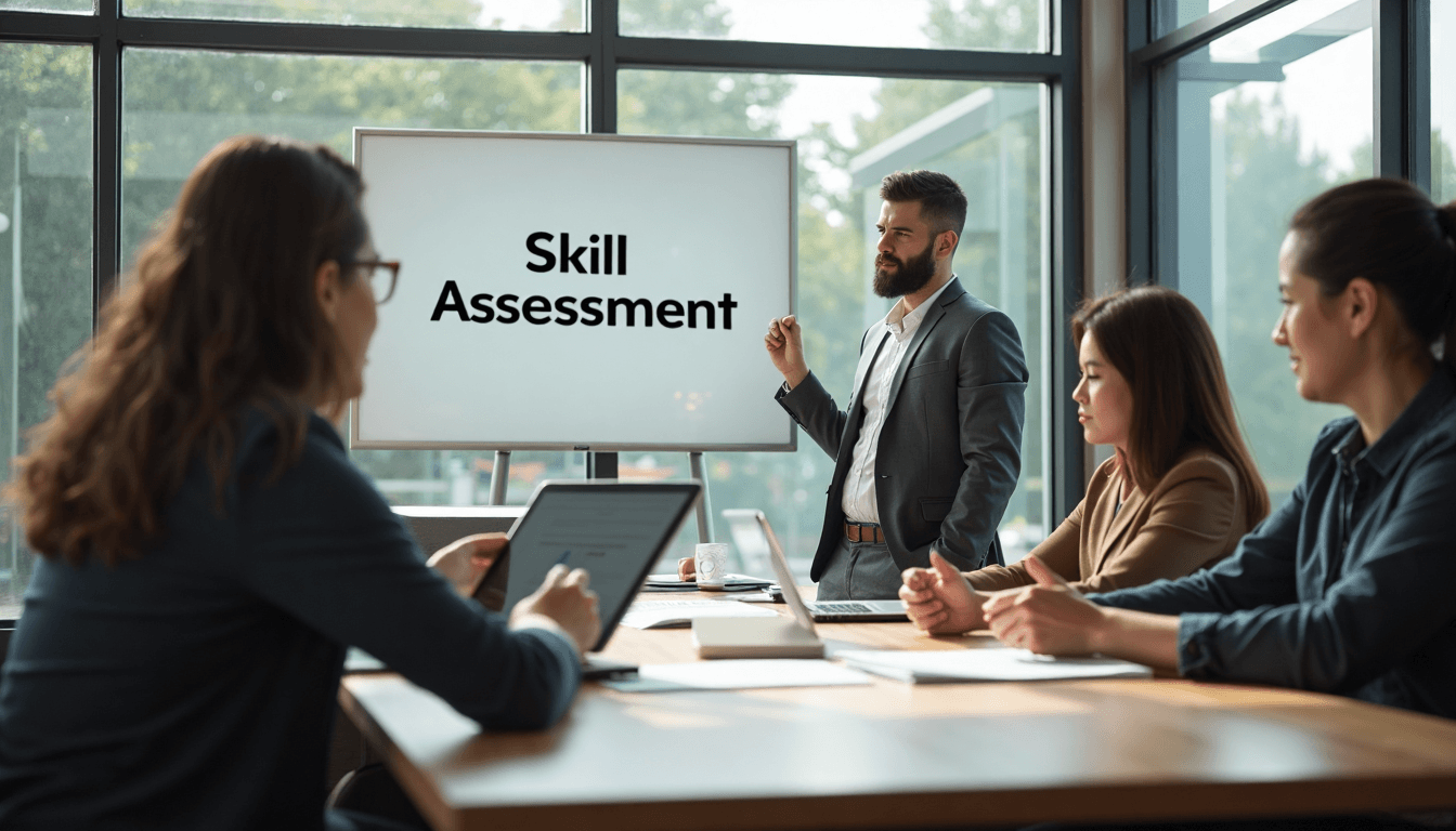 Authentic team workshop with 'Skill Assessment' poster visible