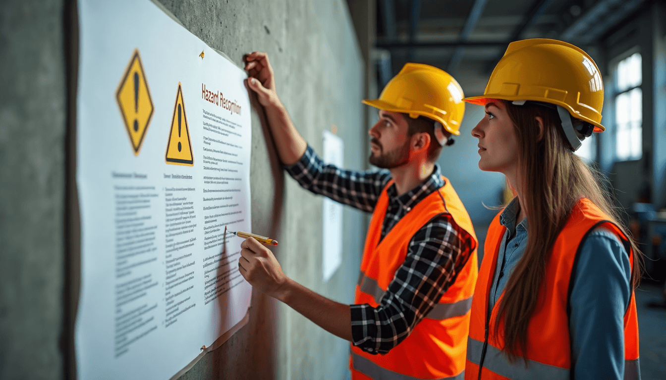 Workers reviewing hazard recognition chart in industrial site