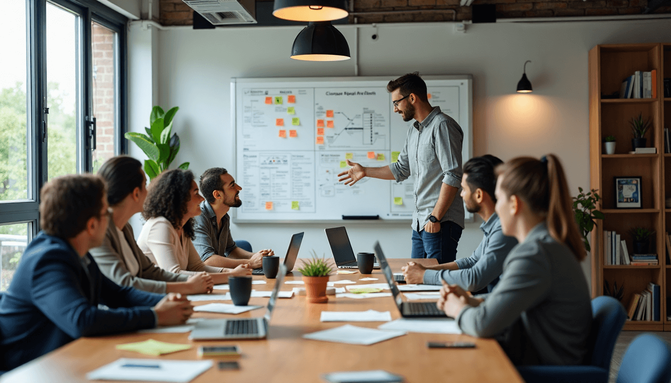 Team collaborating on change vision during brainstorming session