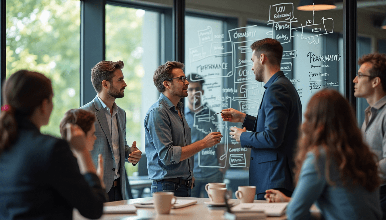 Brainstorming session with 'Performance Ecosystems' text on glass wall