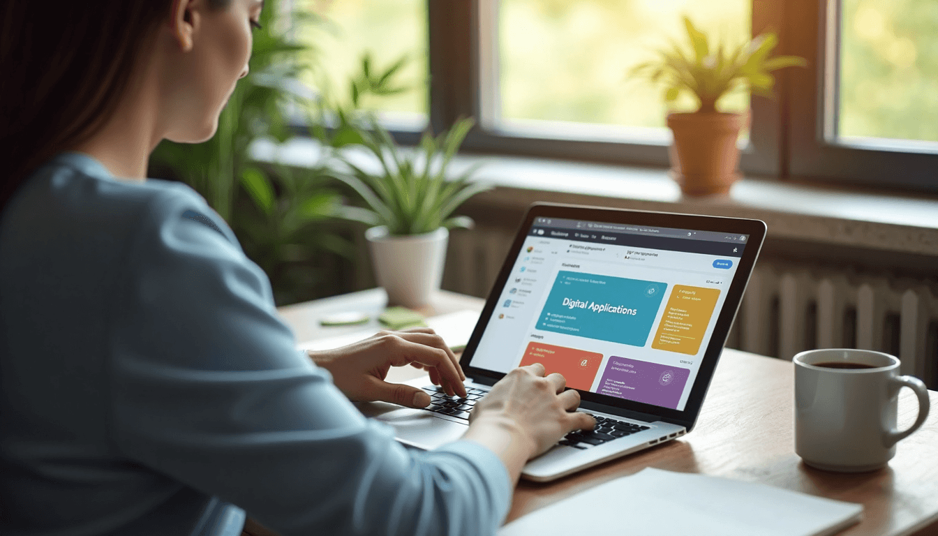 Professional using laptop and tablet in sunlit home office