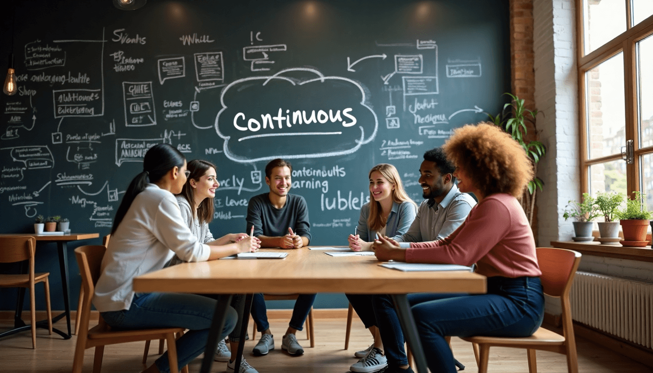 Group brainstorming in coworking area with 'Continuous Learning' on chalkboard