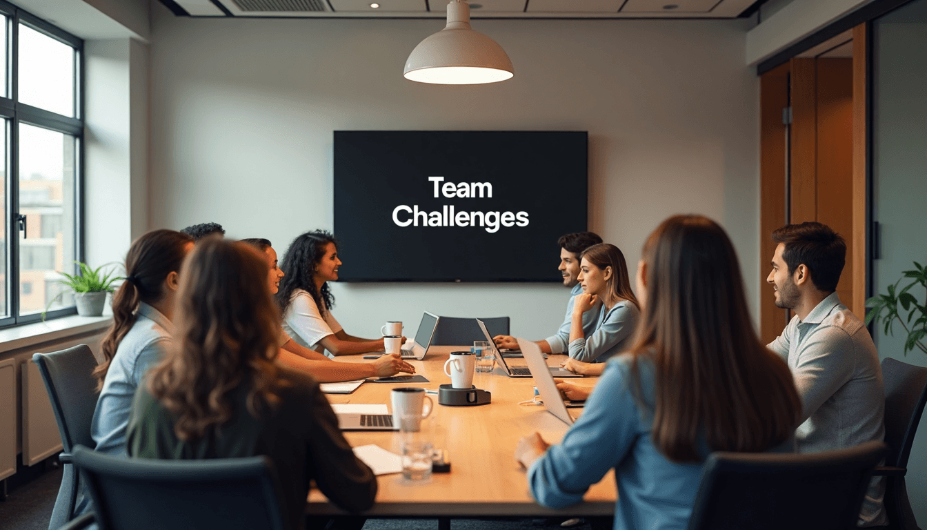 Team discussing issues with digital 'Team Challenges' banner