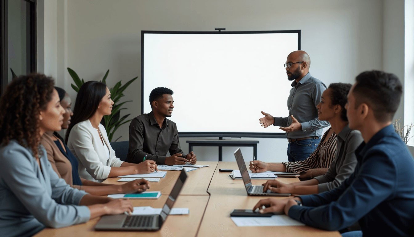 Employees in training workshop, whiteboard shows Scorecard Components text