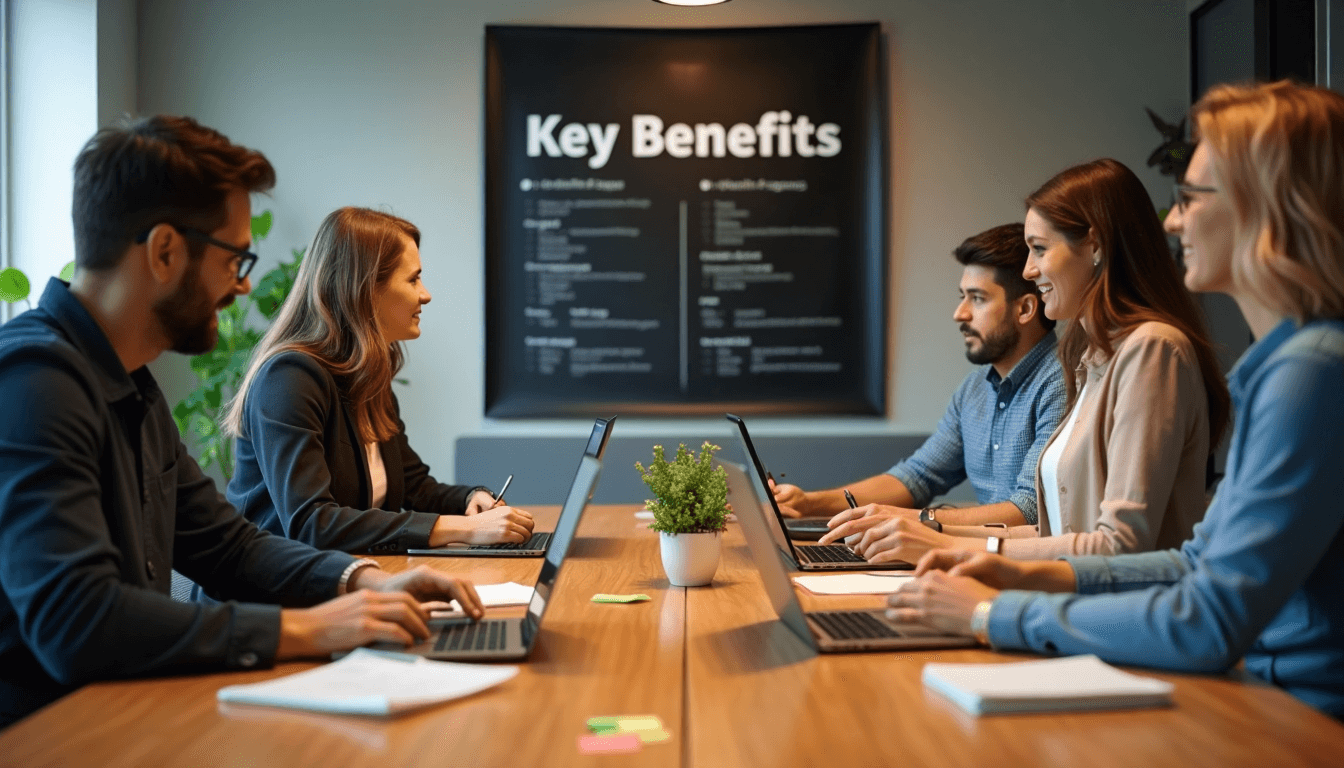 Professionals brainstorming with Key Benefits poster in conference room
