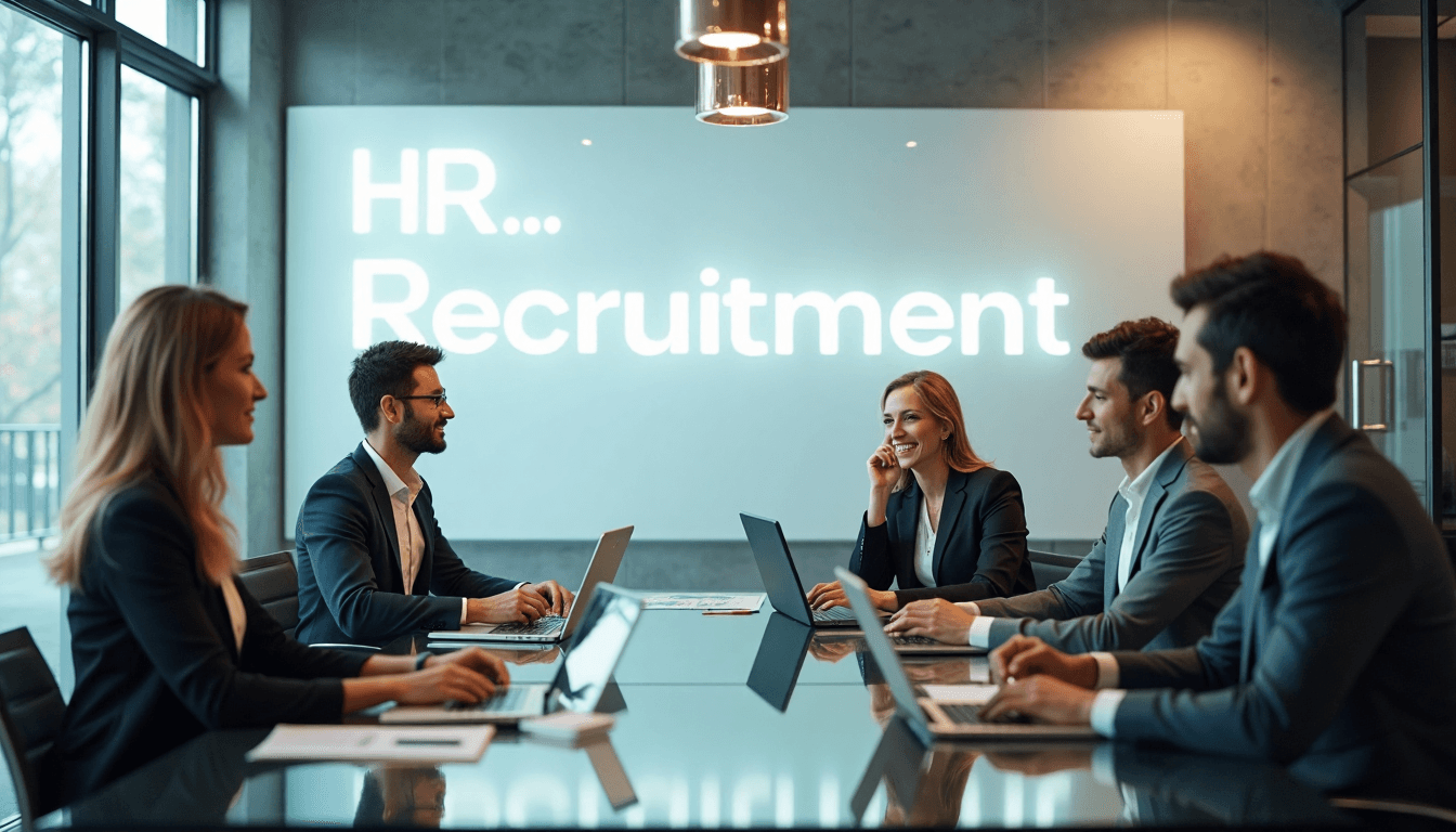 HR team collaborates in modern sunlight office space