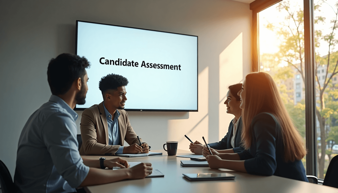 Candidate interviewed by HR panel with digital display