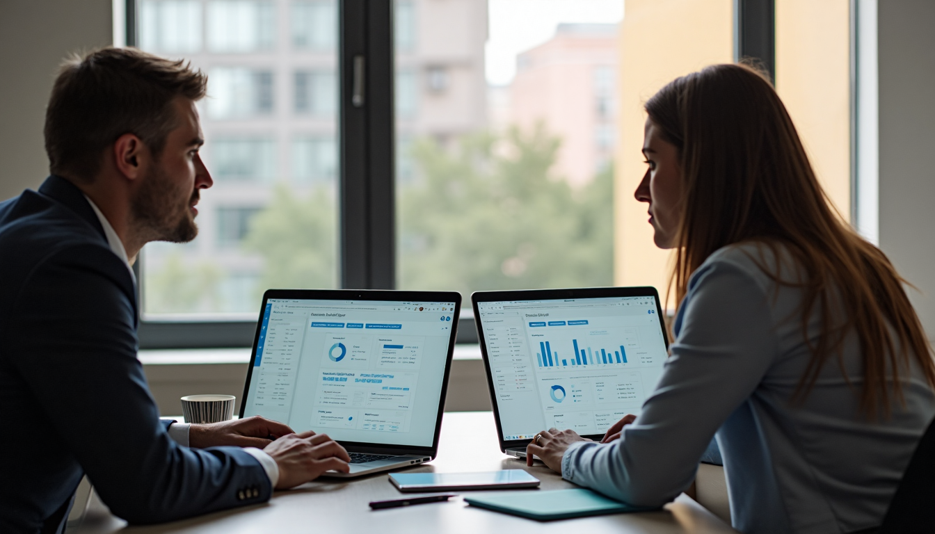 Employees engaging with personalized adaptive learning platforms in office