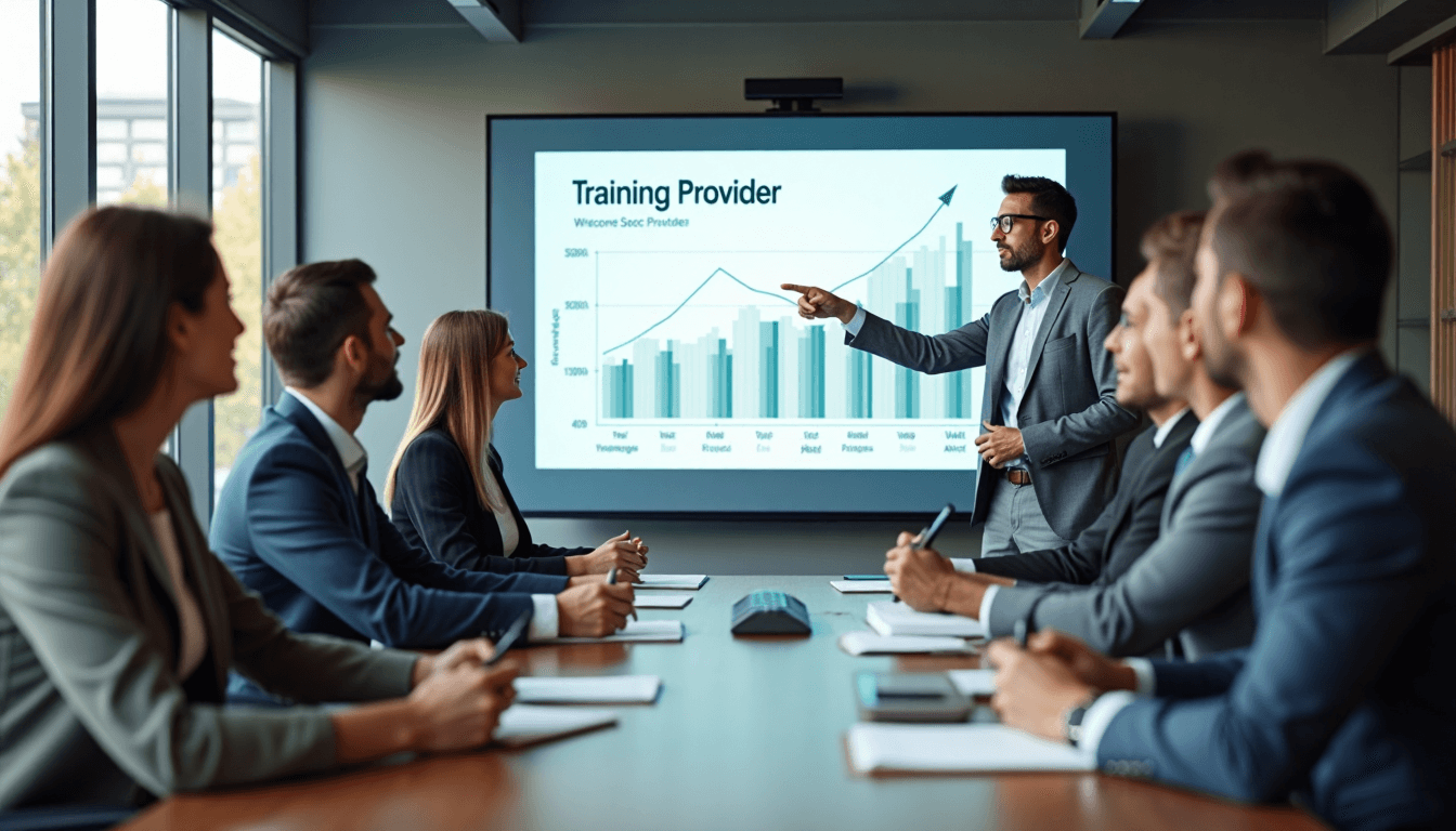 Modern office boardroom discussion on choosing a training provider