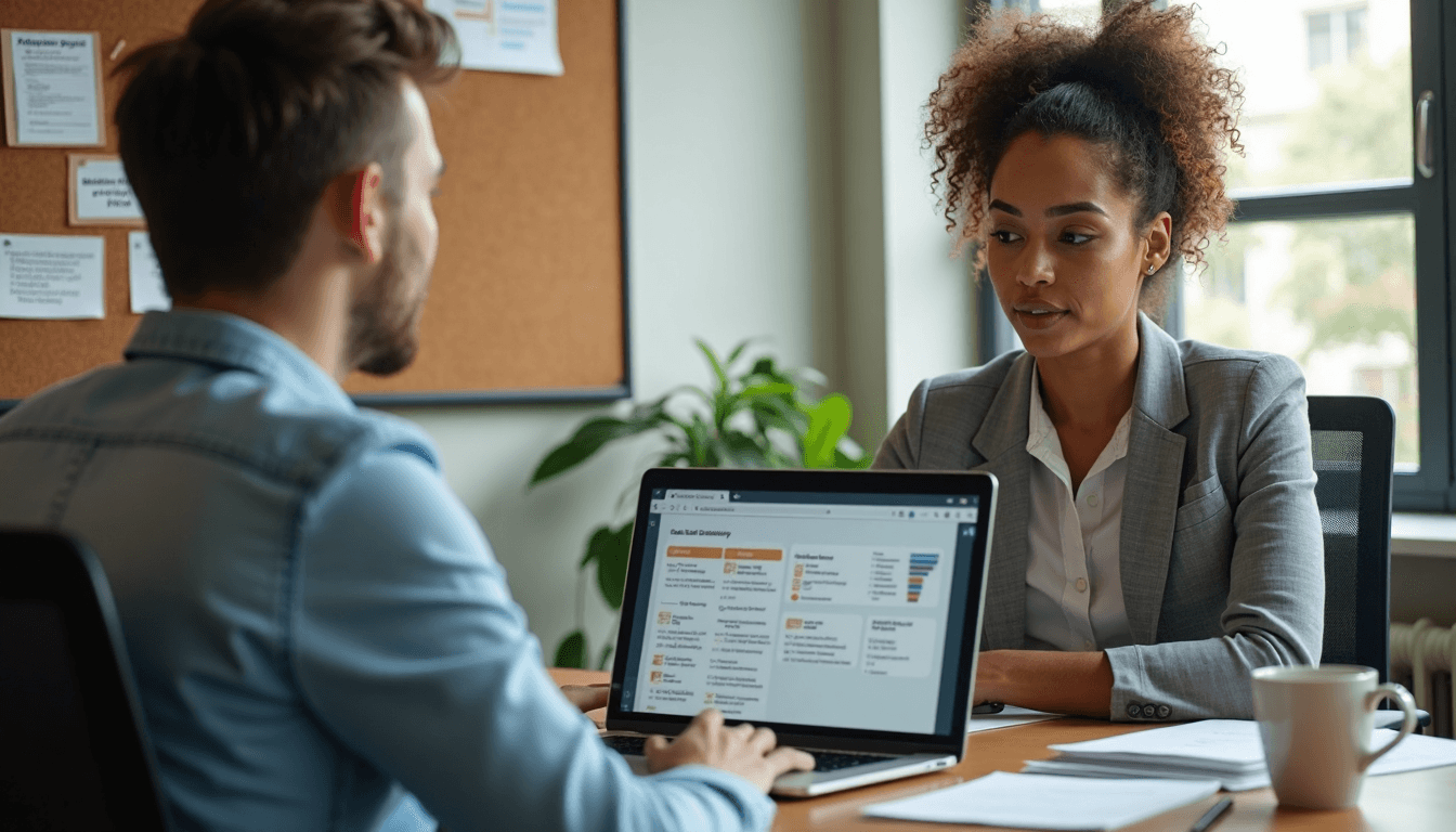 Coach shows career plan to professional with 'Skill Development' on corkboard