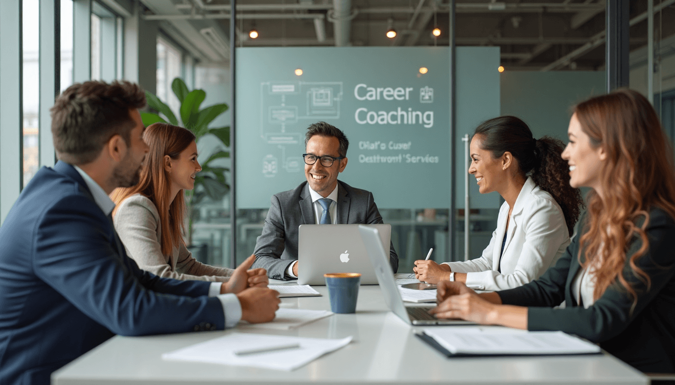 Professional coach guides team in modern office with 'Career Coaching' on glass wall