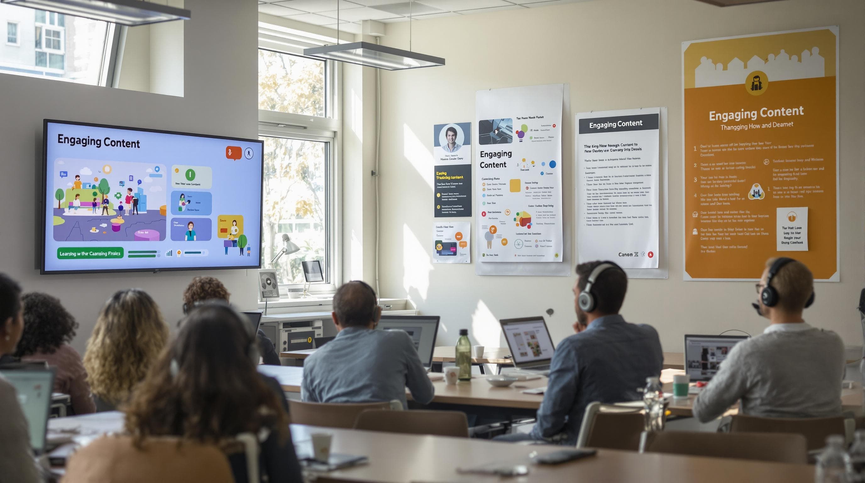 Adults interacting with visual, audio, and interactive training materials in accessible classroom