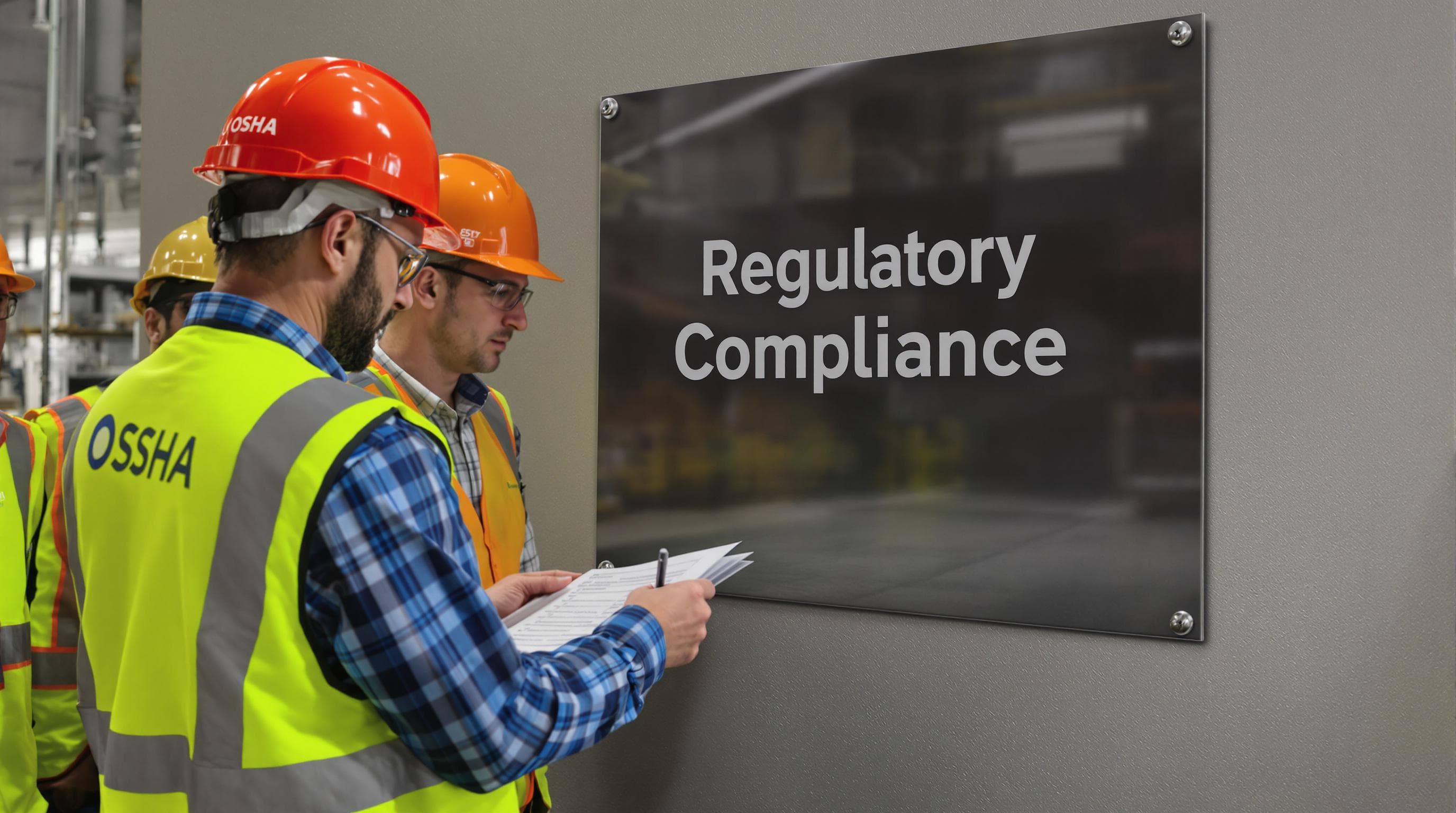 Safety officer reviewing OSHA compliance checklist with employees in the workplace
