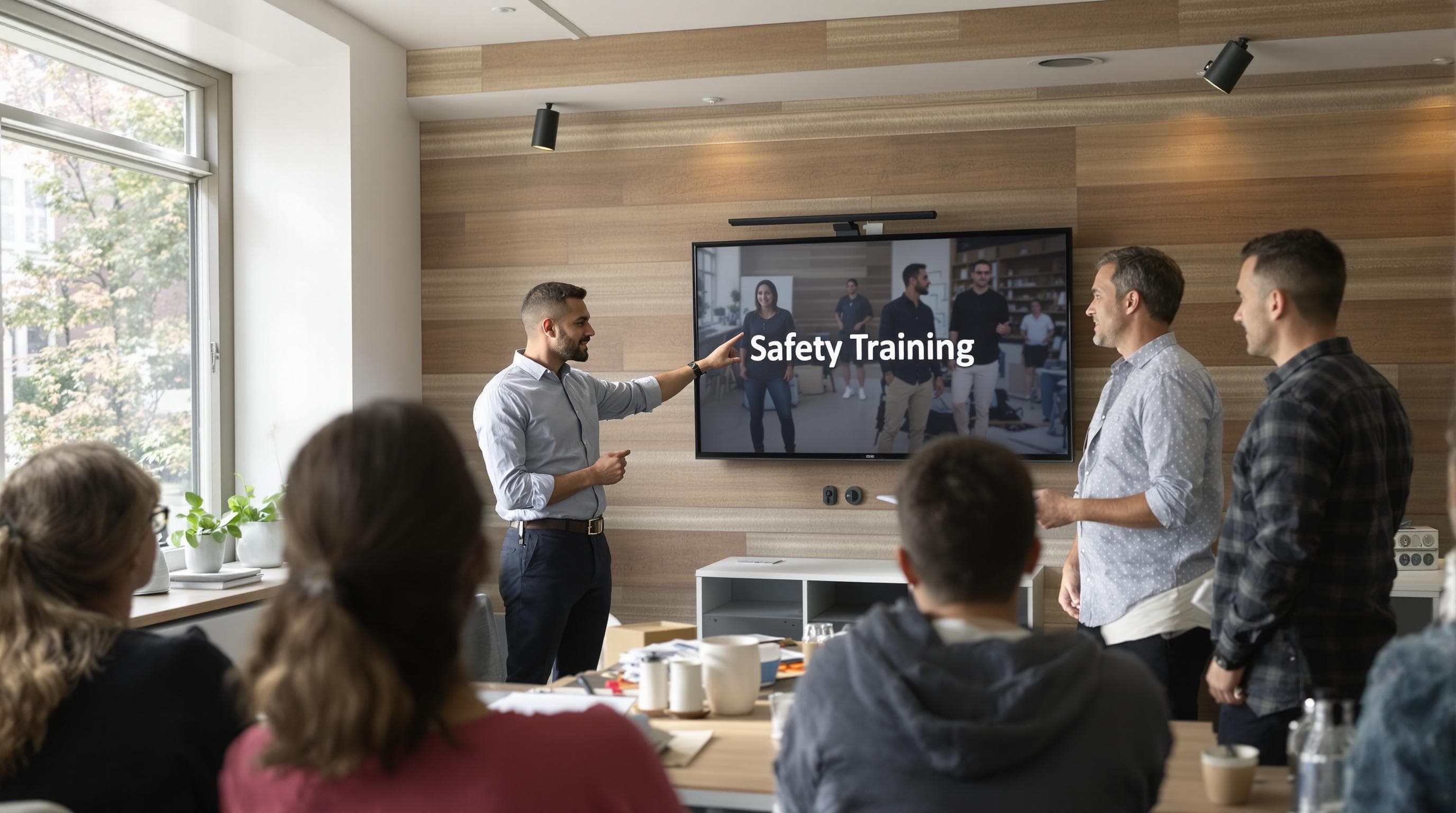 Diverse employees attending a live safety training session in a modern office
