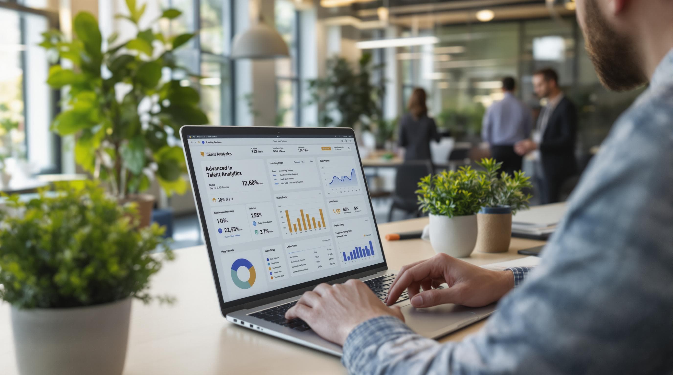 Recruiter analyzing talent analytics dashboards in modern office