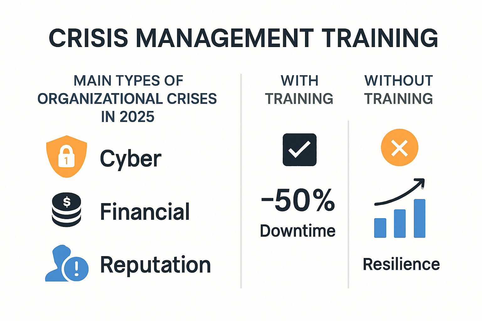 Infographic showing crisis types and training impact on organizations.
