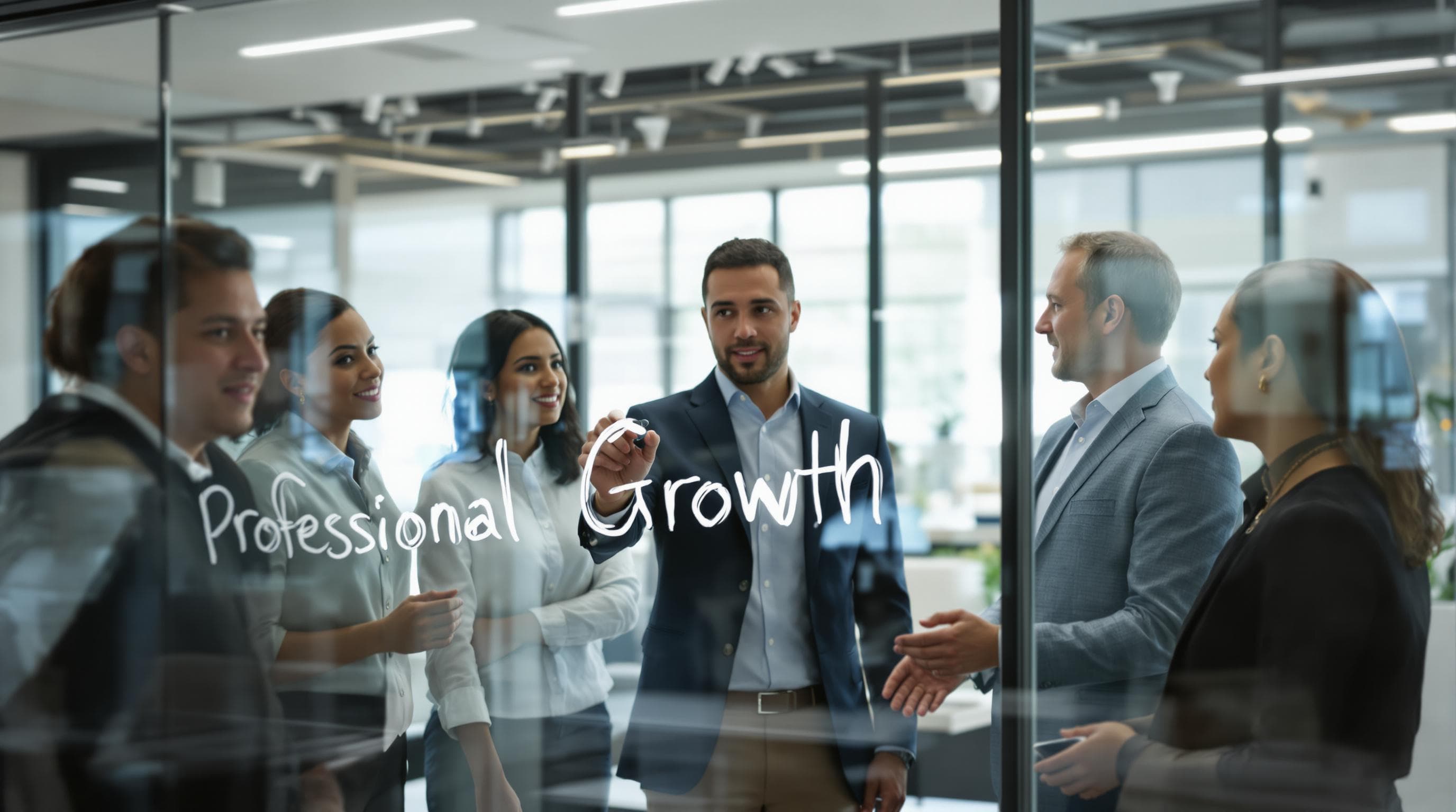 Professionals and coach working together around a board with 'Professional Growth'