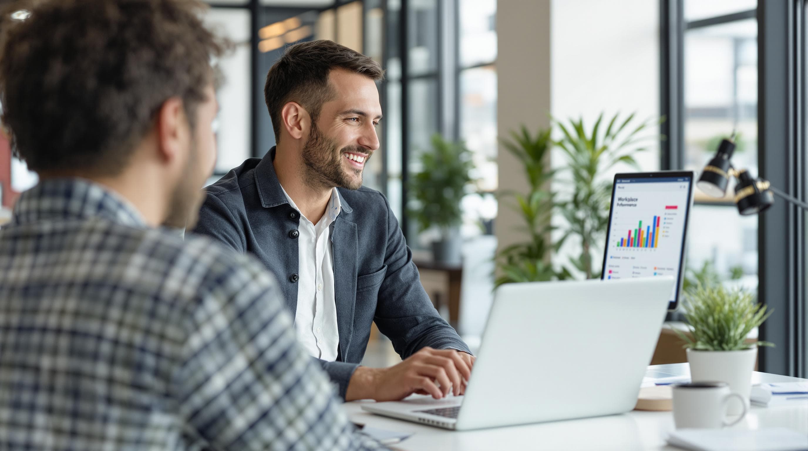 Coach and employee review 'Workplace Performance' chart during coaching