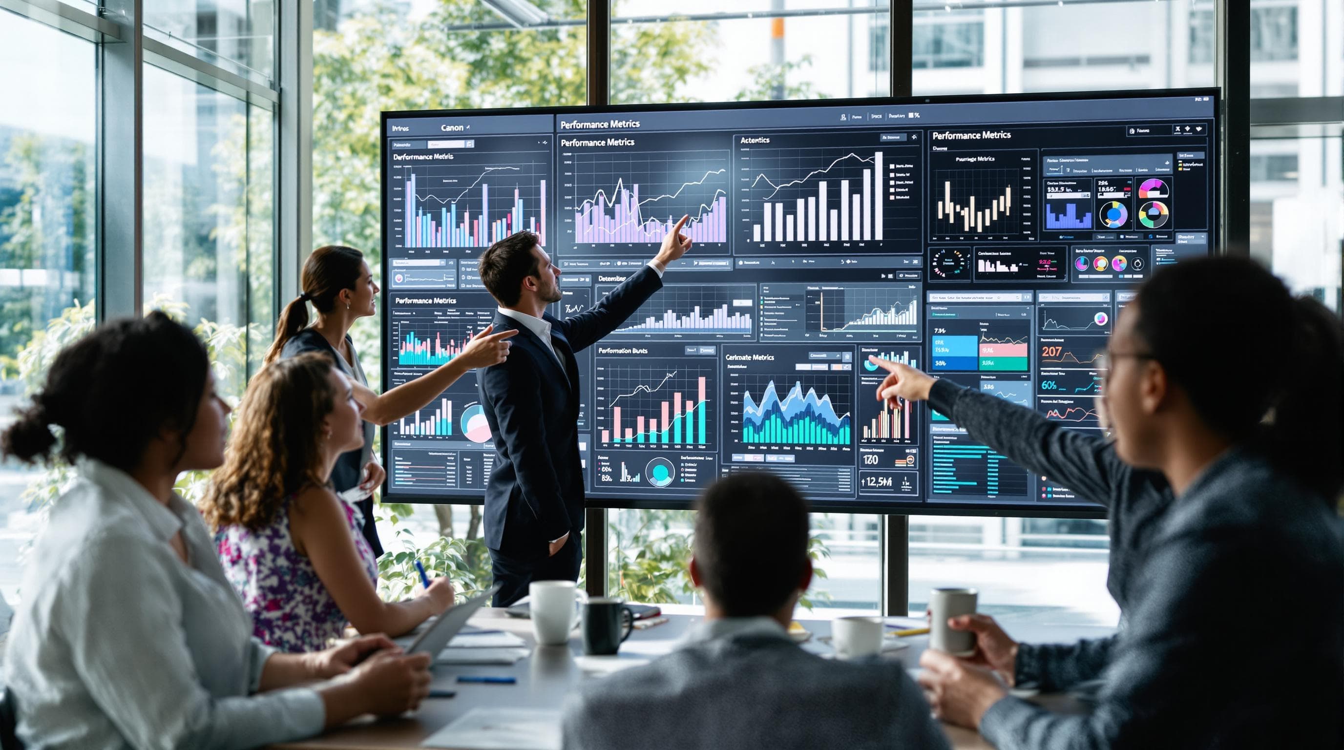 Team analyzing digital dashboards labeled 'Performance Metrics' during meeting