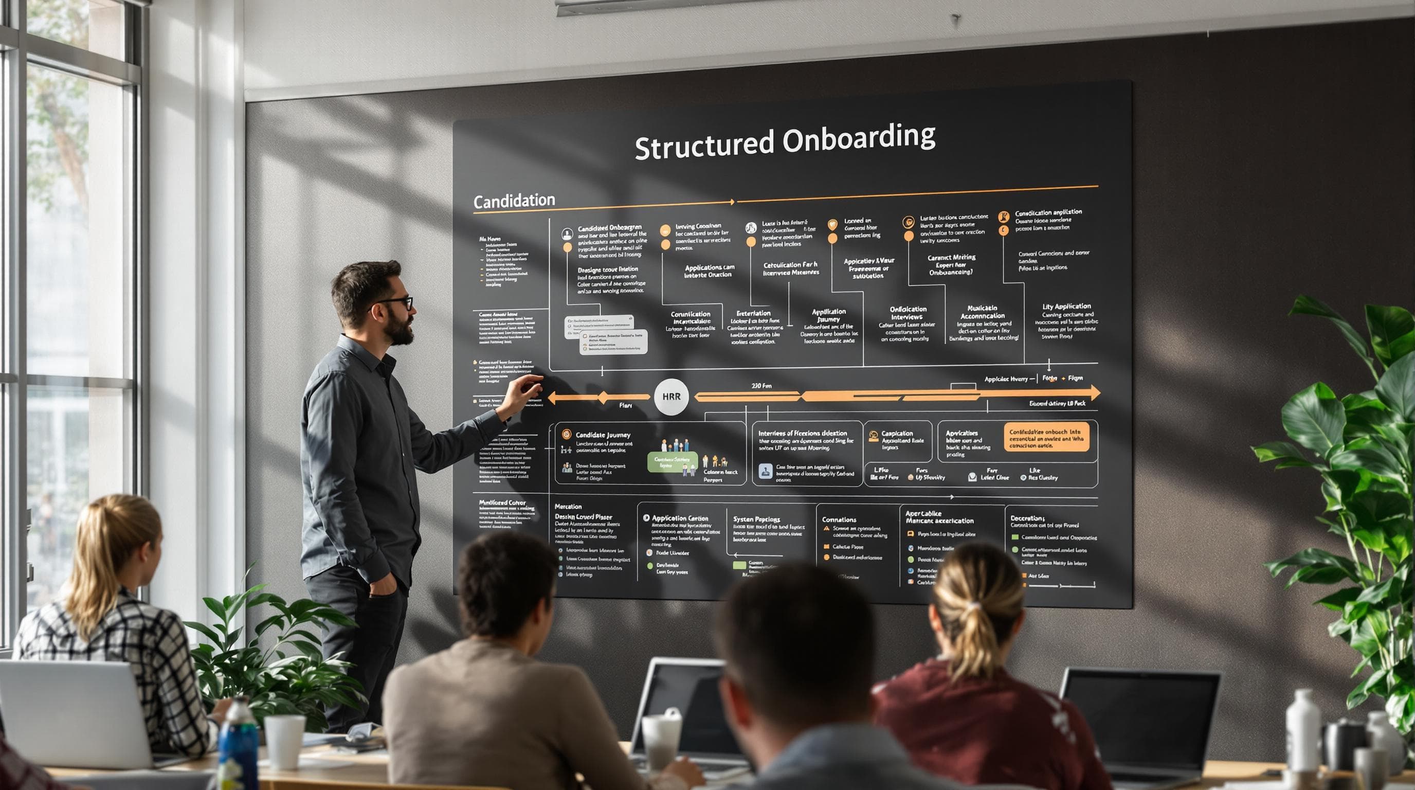 HR office showing candidate journey chart and Structured Onboarding label