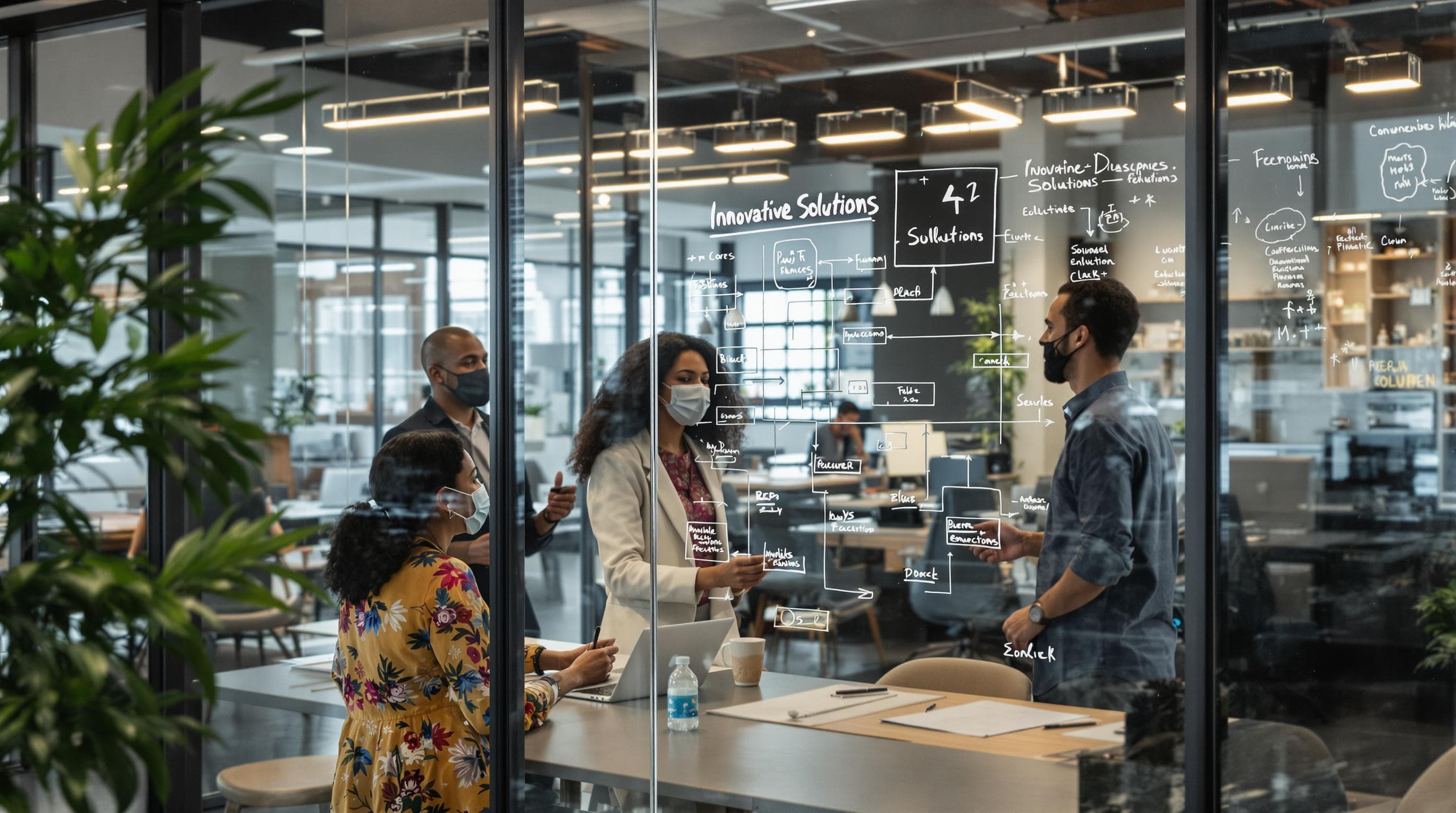Team in coworking space brainstorming innovative solutions on glass wall