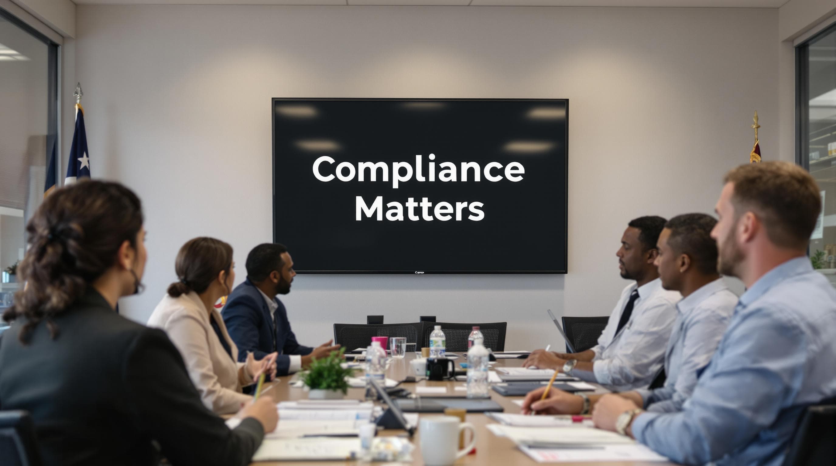 Government HR office focusing on recruitment compliance with visible 'Compliance Matters' on monitor