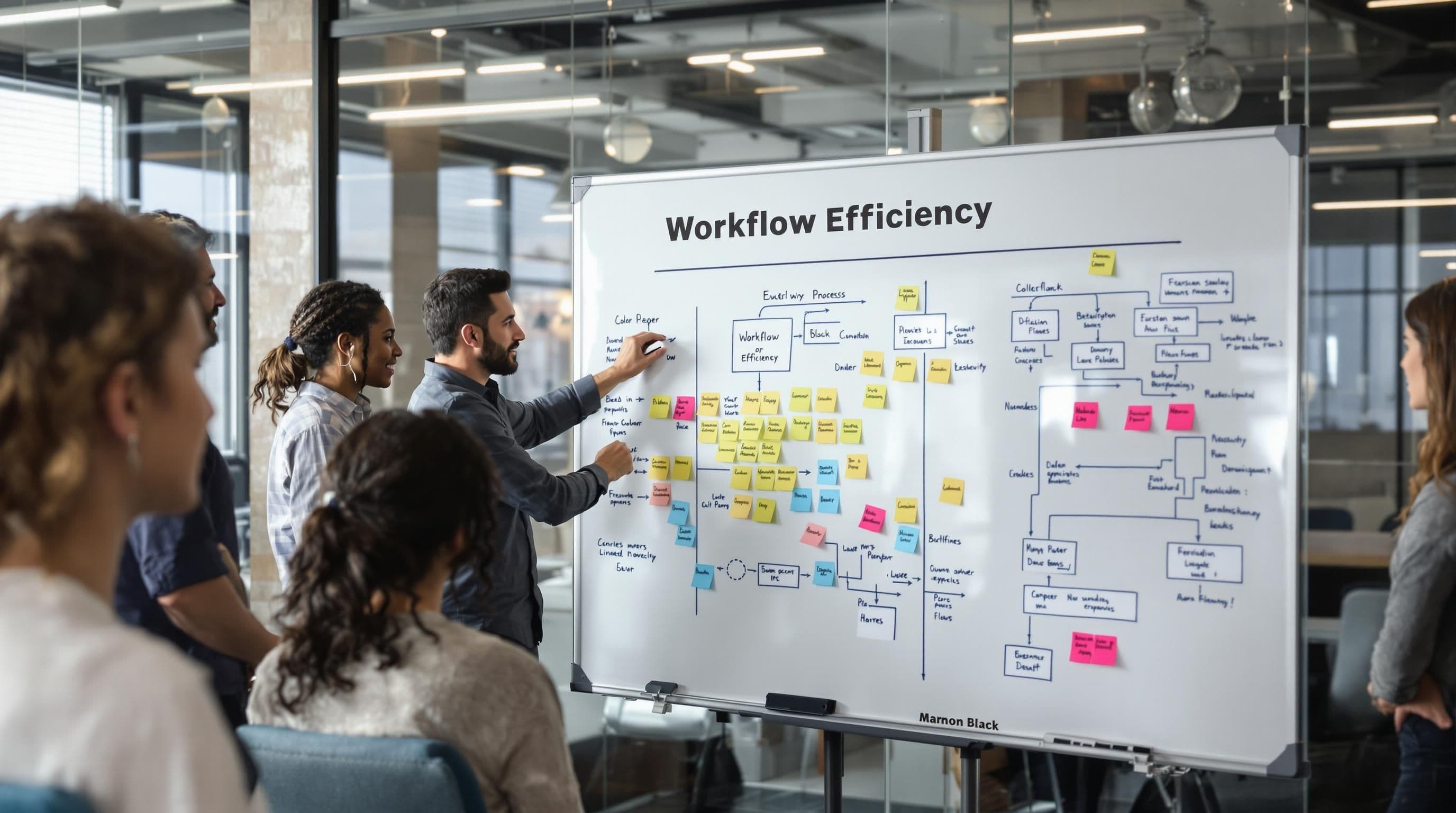 Team analyzing business process workflow map together for efficiency