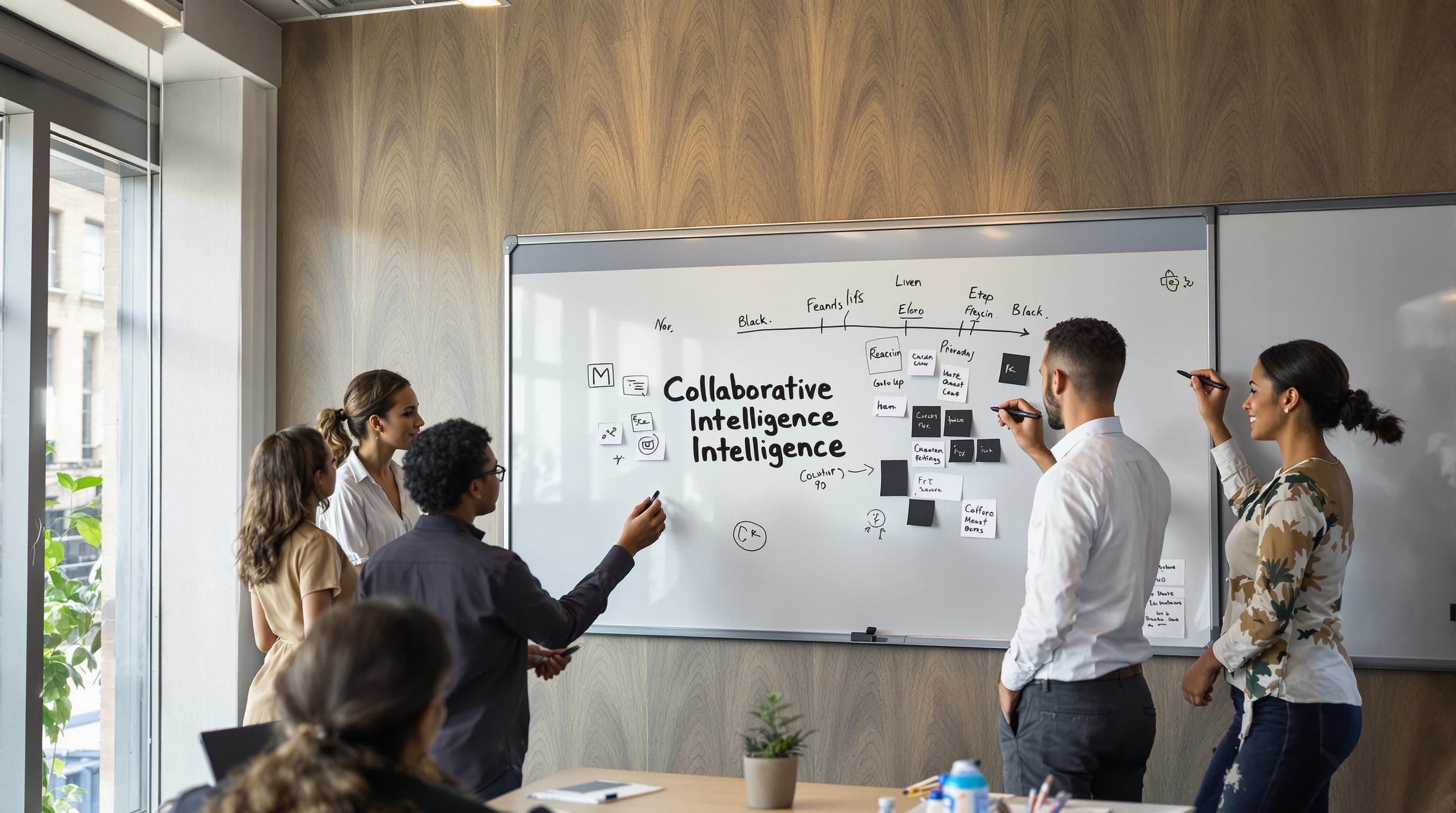Team collaborating at digital whiteboard with 'Collaborative Intelligence' note.
