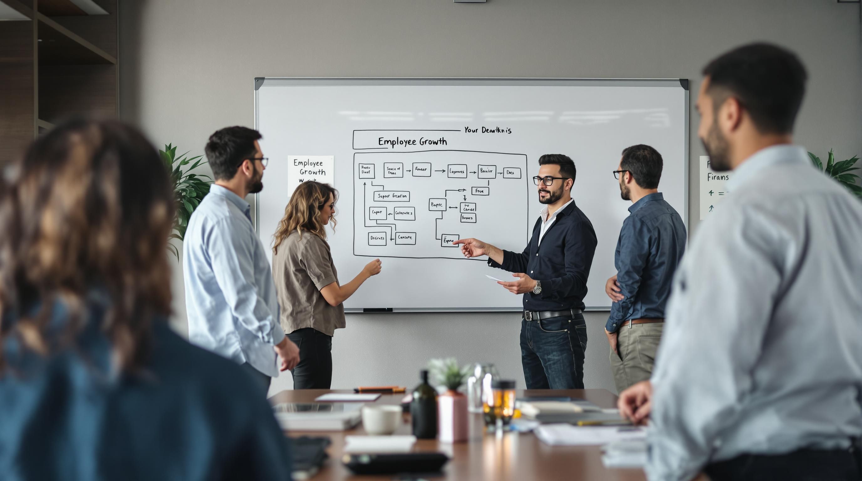 Employees engage in a corporate training session with 'Employee Growth' shown on the whiteboard