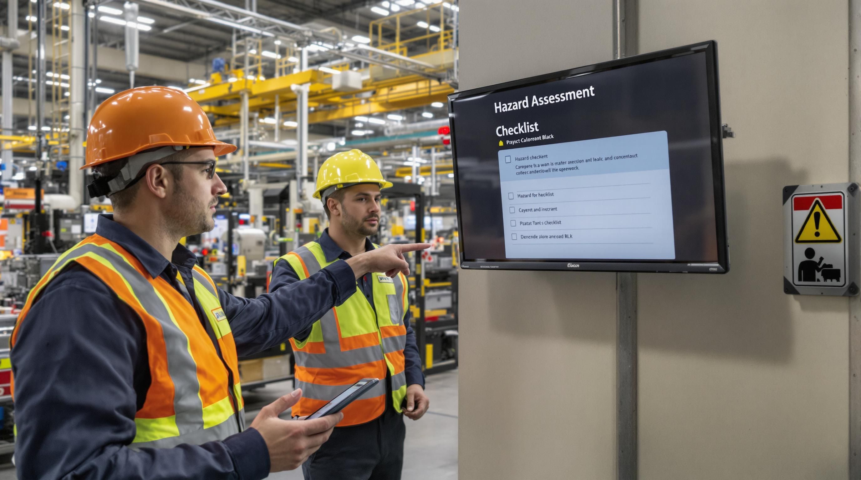 Safety officers conduct risk assessment in industrial workplace