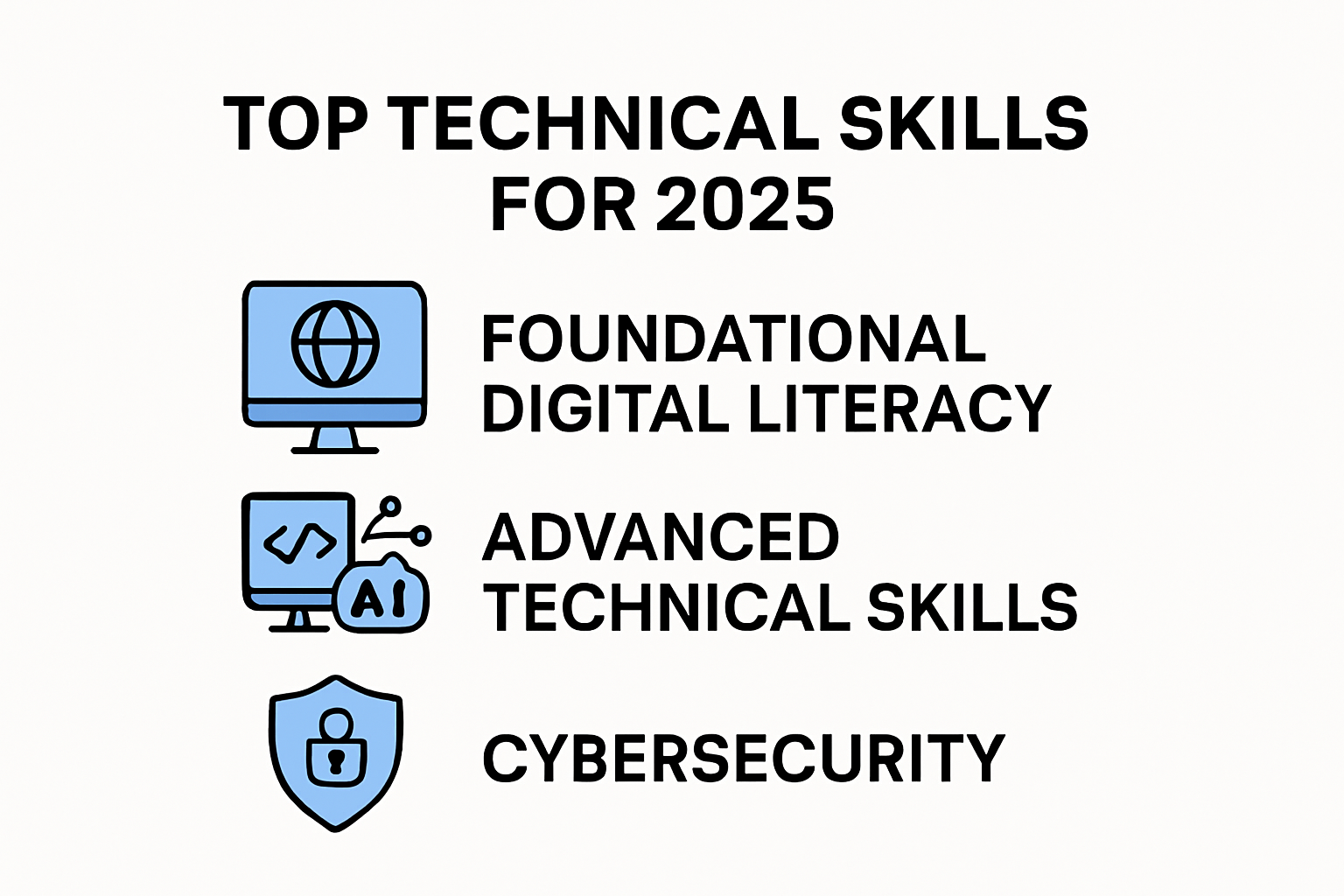 Infographic showing essential technical and digital skills for 2025