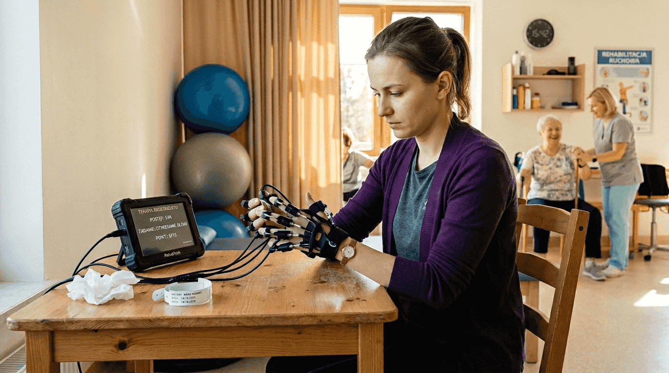 Pacjent ćwiczy dłonie przy stole, korzystając ze specjalnego urządzenia do rehabilitacji.