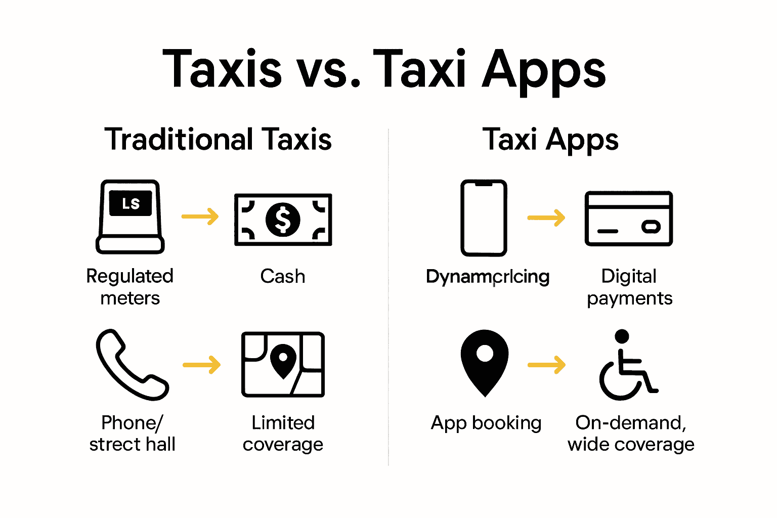 Infographic comparing features of traditional taxis and taxi apps with simple icons and arrows.
