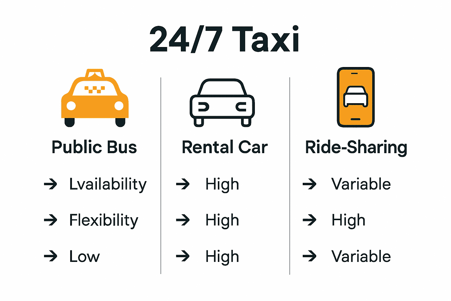 Infographic visually comparing 24/7 taxi services, buses, rental cars, and ride-sharing on availability, pricing, and convenience.