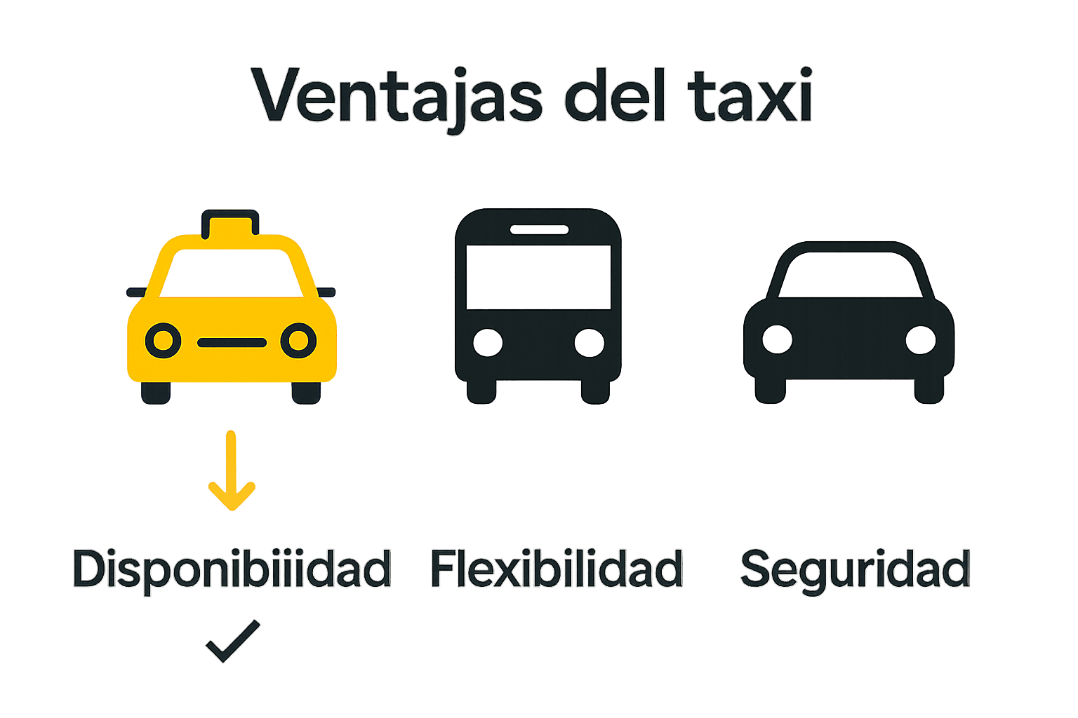 Infografía comparando taxi, autobús y coche privado en ventajas urbanas