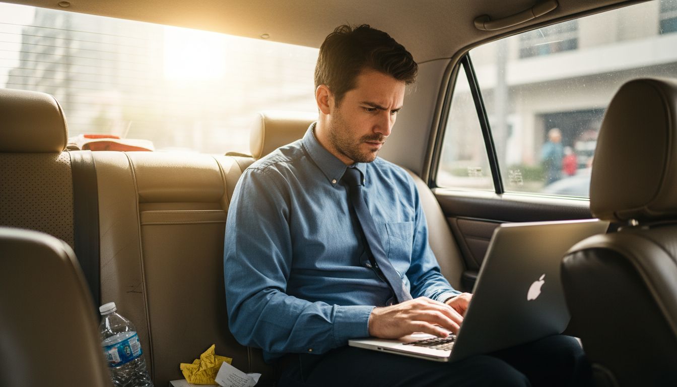 Businessman working in taxi back seat