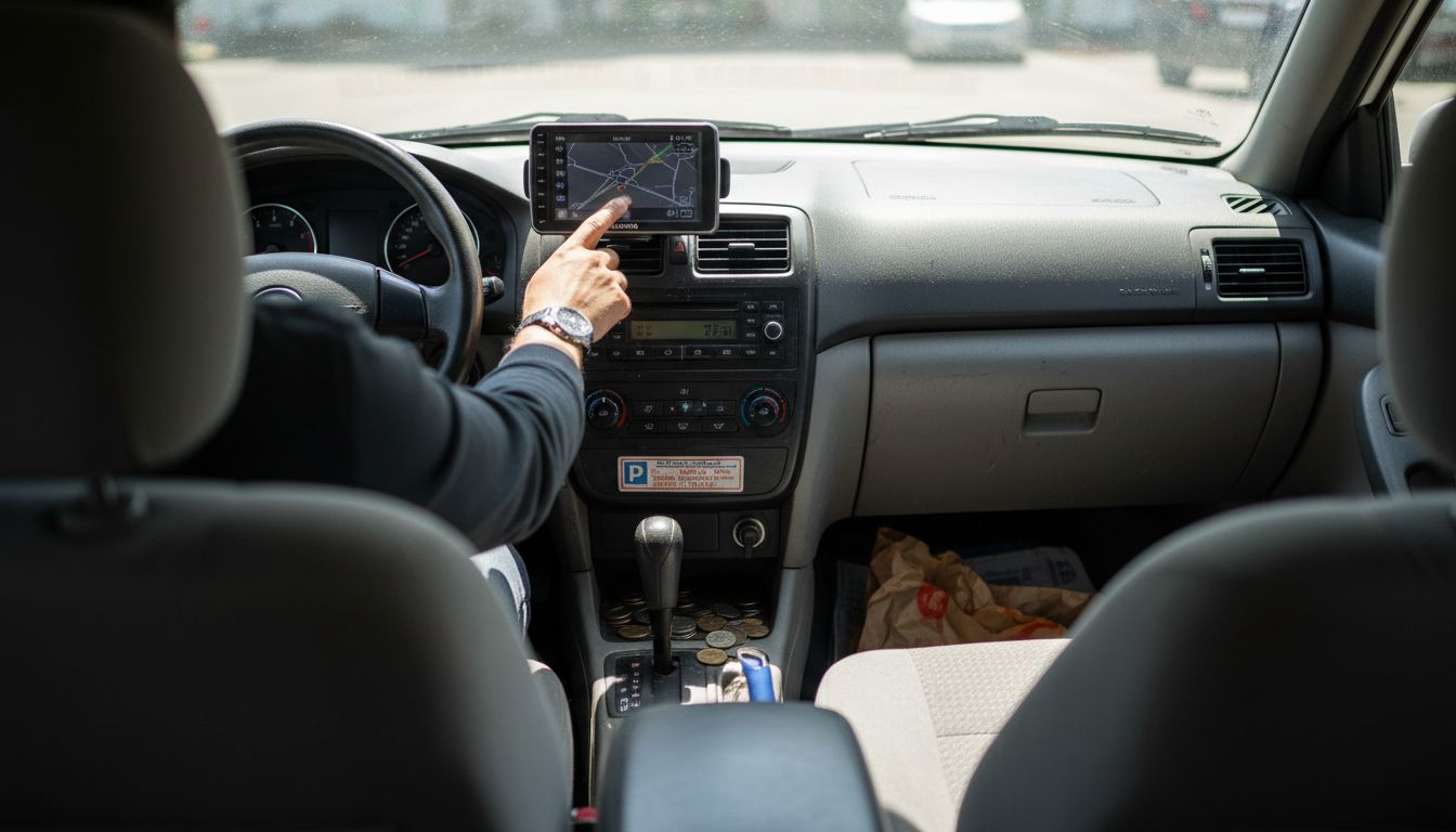 Taxi GPS dashboard with driver hand