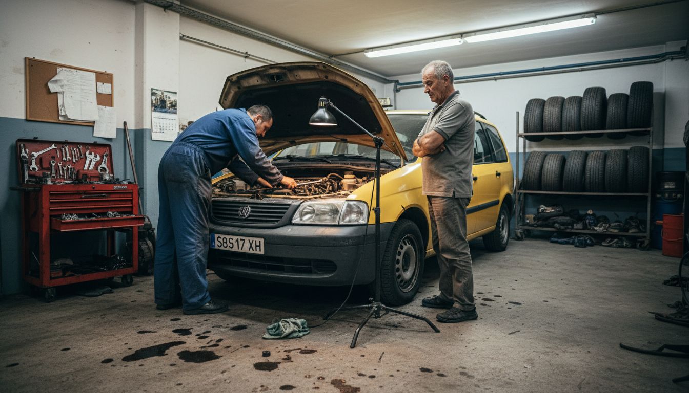 Mechanic inspecting taxi in busy garage