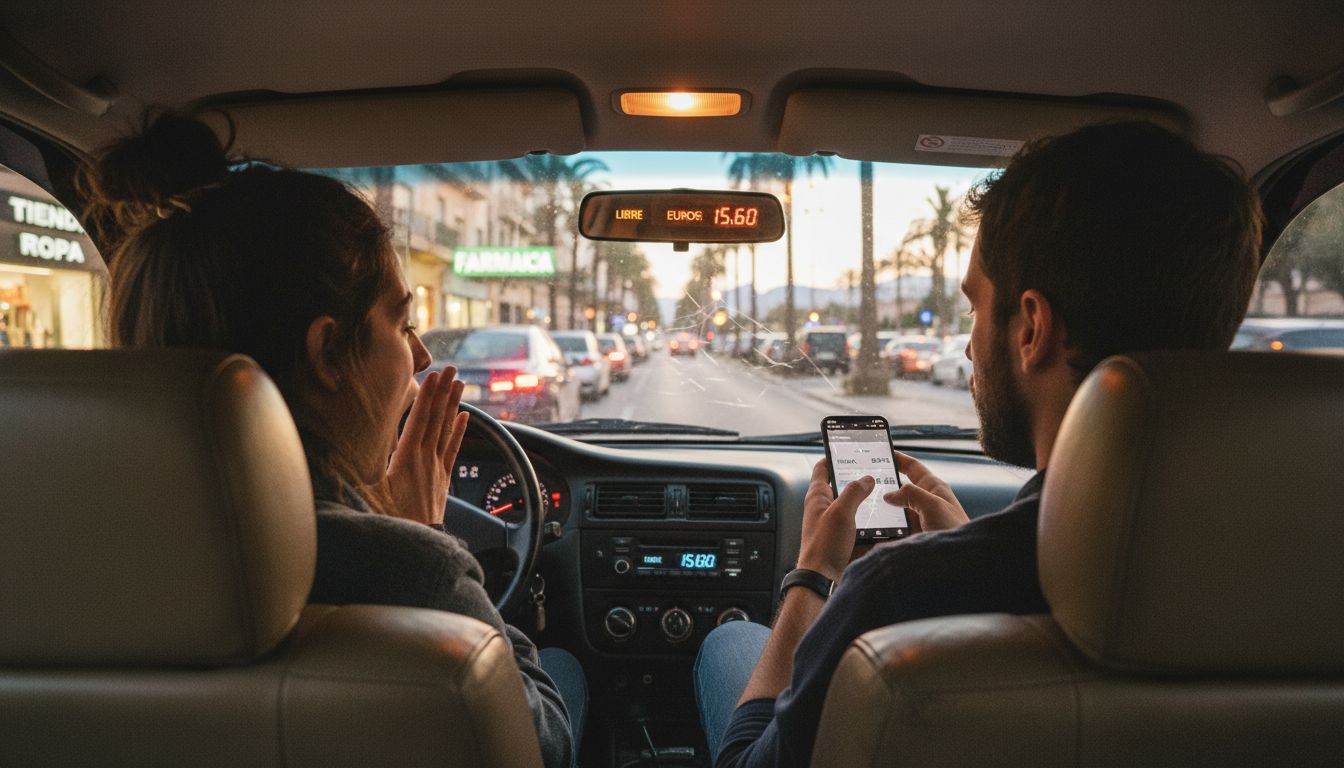 Pasajeros de taxi comentando y comparando cuánto les ha costado el viaje por la noche.