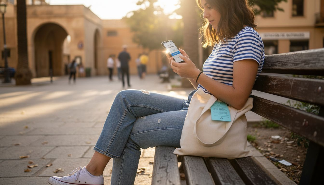 Una mujer sentada en un banco en Mallorca descarga una aplicación para pedir taxi desde su móvil.