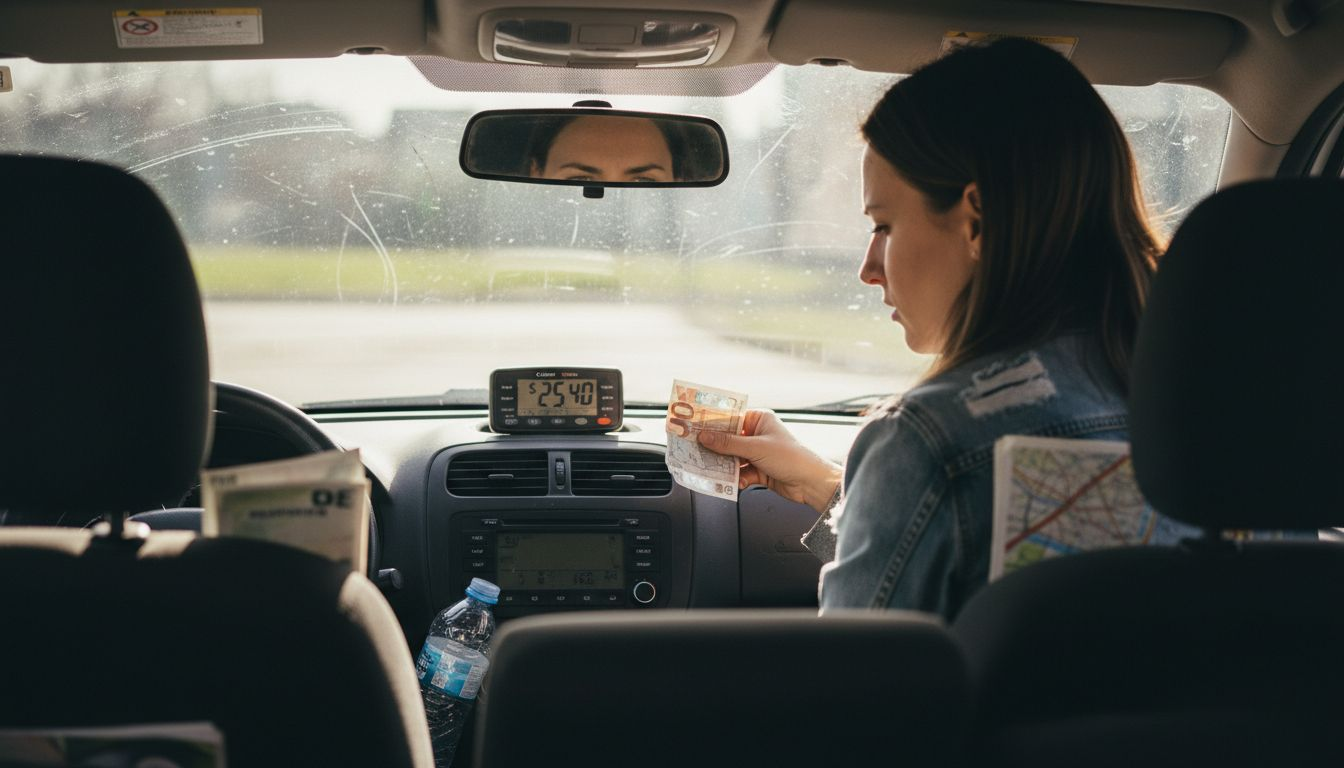 Passenger checks digital taxi meter inside cab