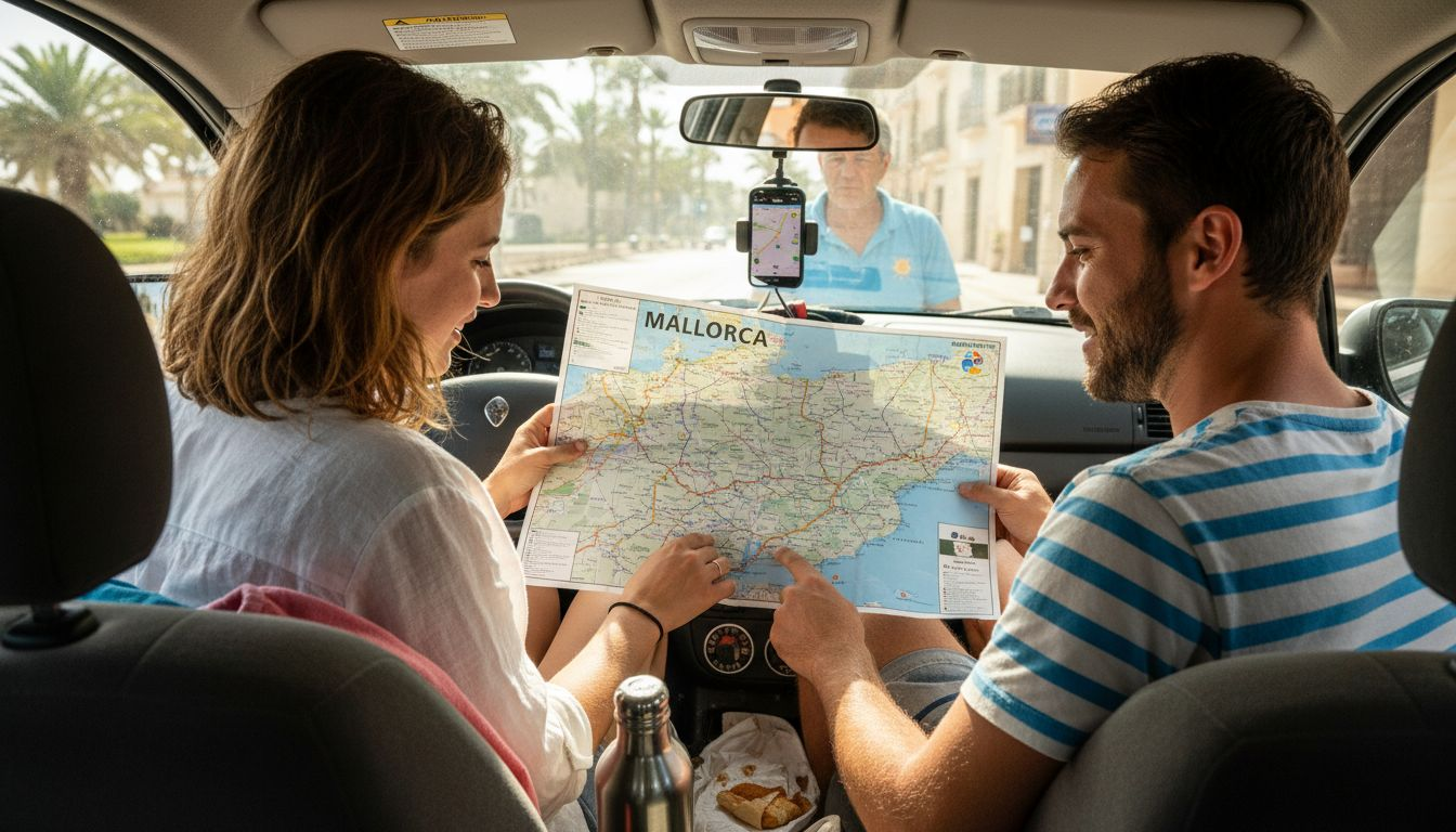 Una pareja revisa su itinerario mientras viaja en taxi por Mallorca.
