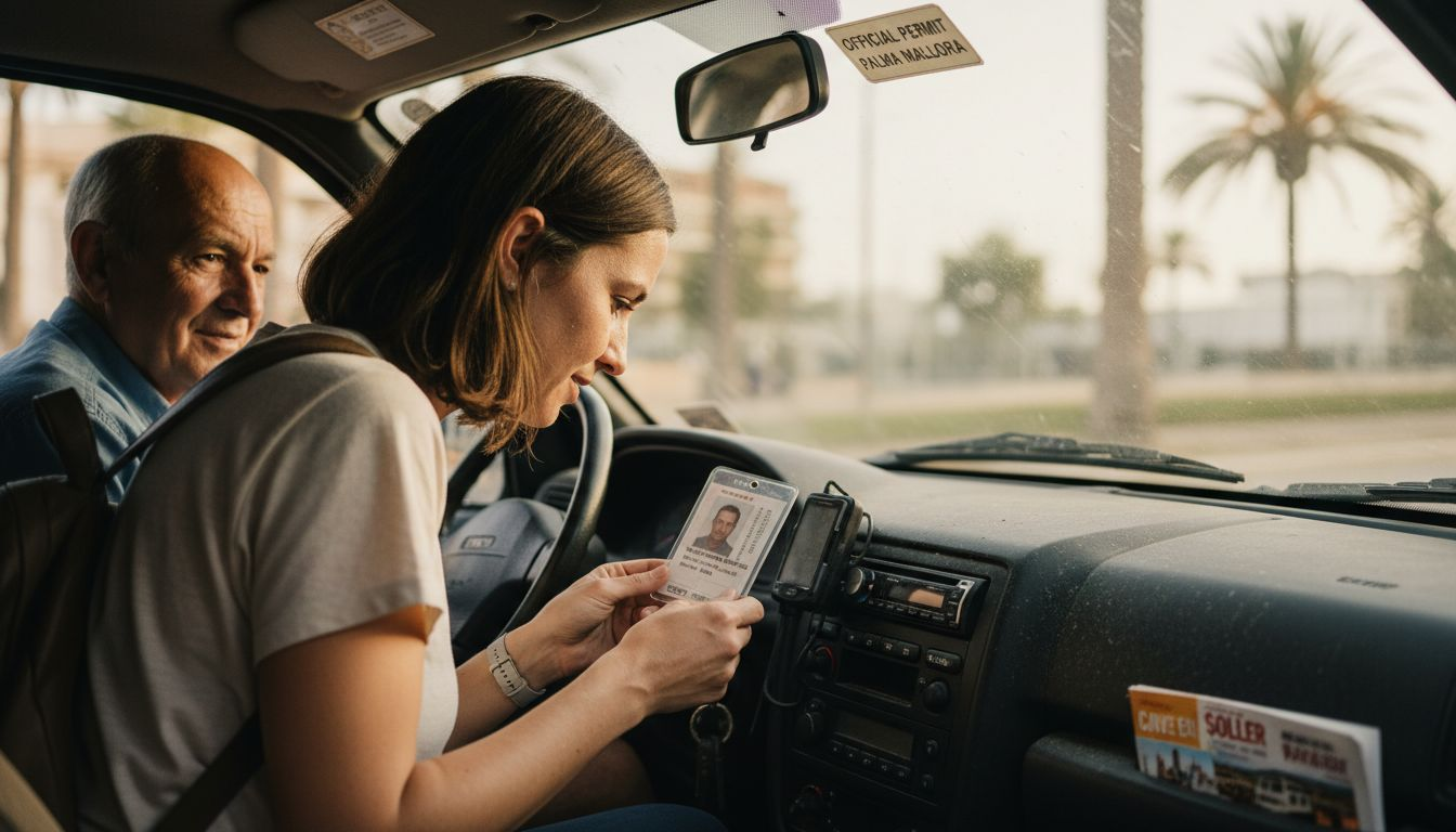 Passenger checking taxi driver ID and permit