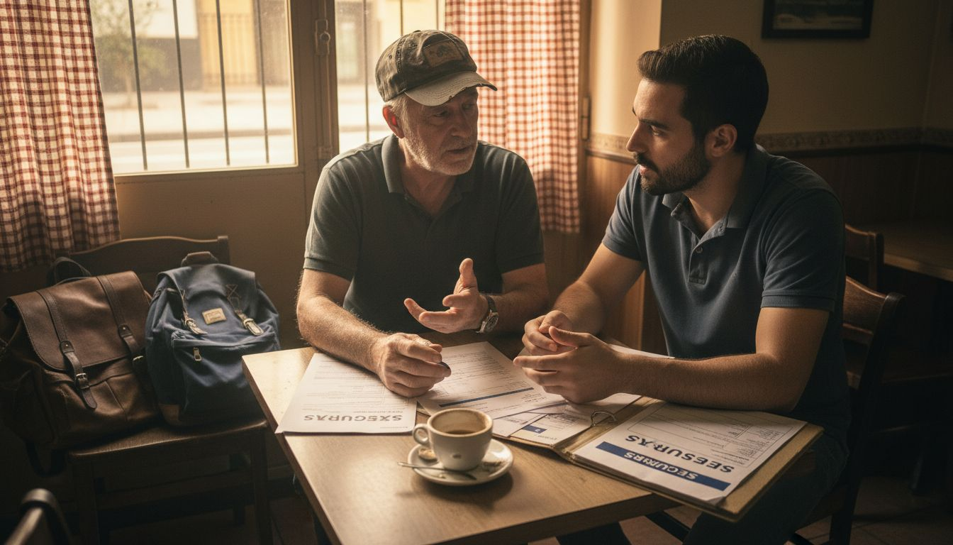 Un grupo de taxistas revisa sus pólizas de seguro mientras toma café en una cafetería.